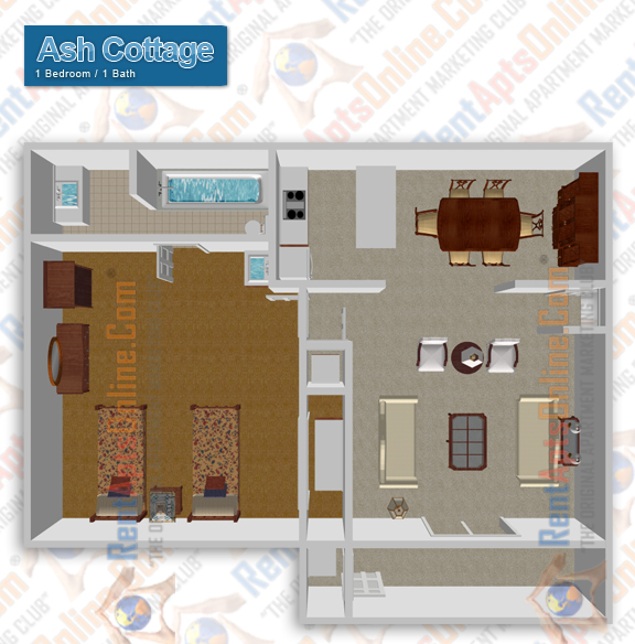 This image is the visual 3D representation of Ash Cottage in Sunflorin Village Apartments.