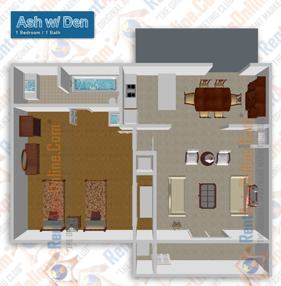 This image is the visual 3D representation of Ash with Den in Sunflorin Village Apartments.