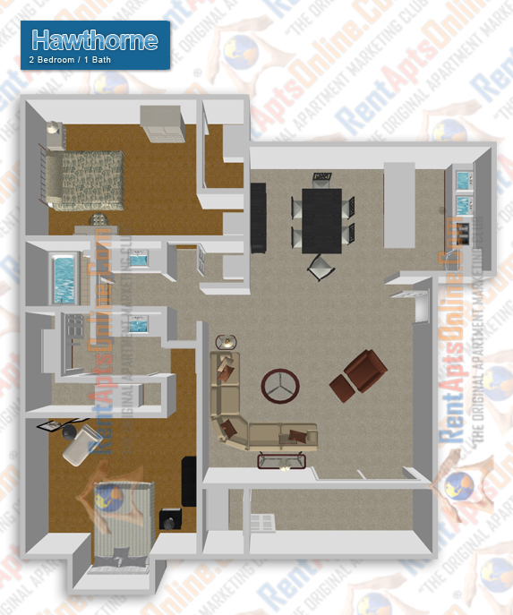 This image is the visual 3D representation of Hawthorne in Sunflorin Village Apartments.