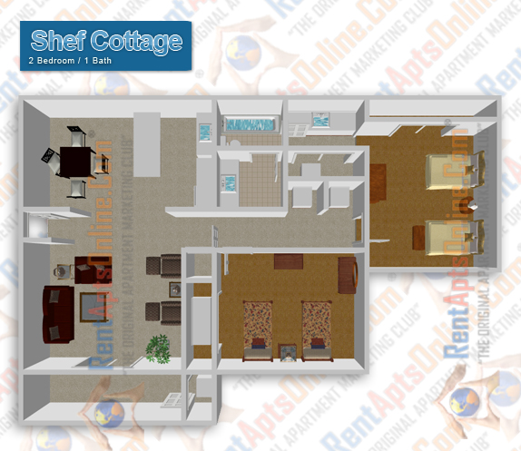 This image is the visual 3D representation of Sheffield Cottage in Sunflorin Village Apartments.